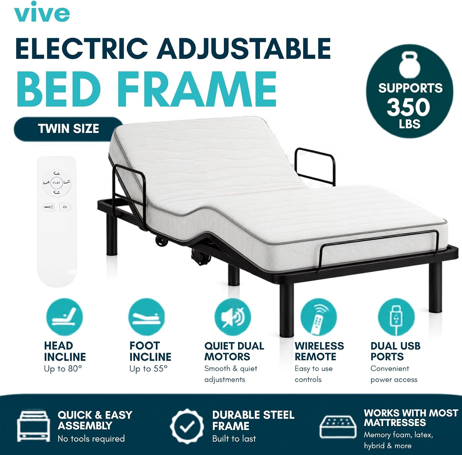 Vive Adjustable Bed Base Frame (Twin) - Electric Heavy Duty Metal Platform Bed Frame with Adjustable Base for Hospital Mattress - Remote for Head