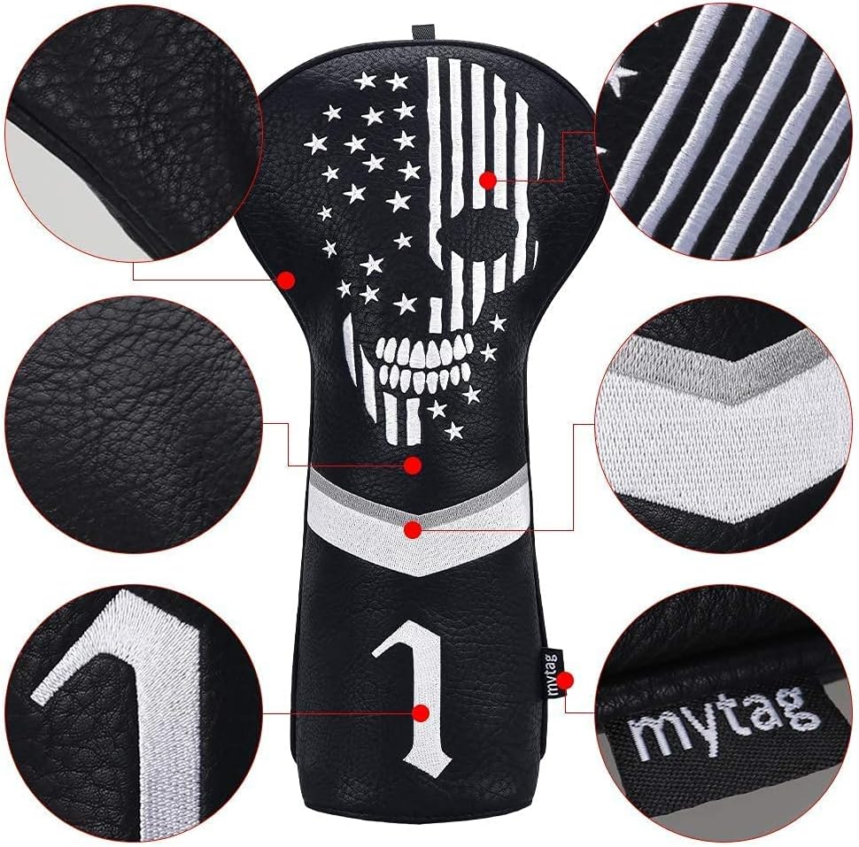 Skull Golf Head Covers Black Synthetic Leather Skeleton Golf Headcovers Set