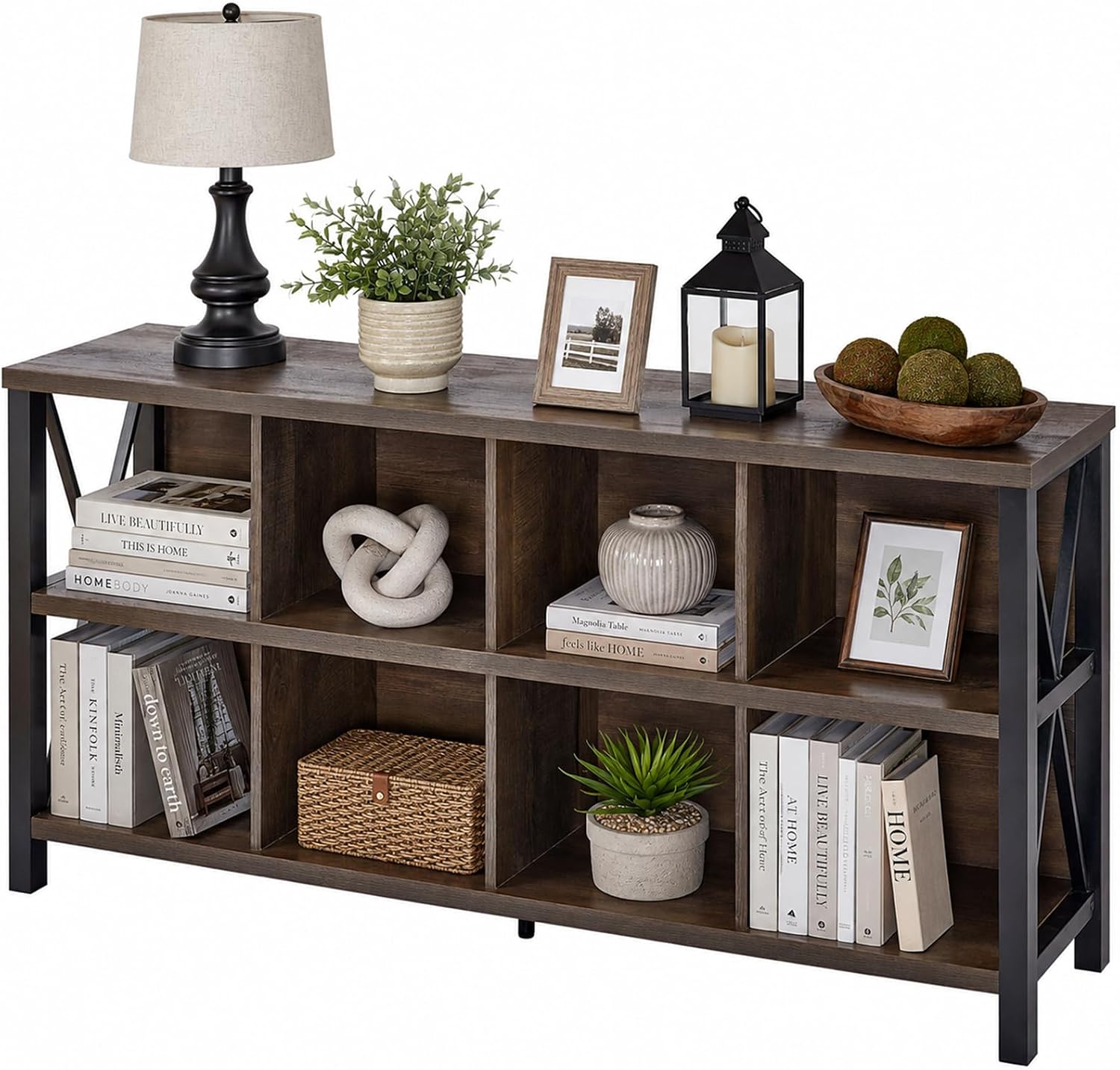 FATORRI 8 Cube Storage Organizer Bookshelf, 62 Inch Wood Horizontal Bookcase, Farmhouse Cube Long Book Shelf