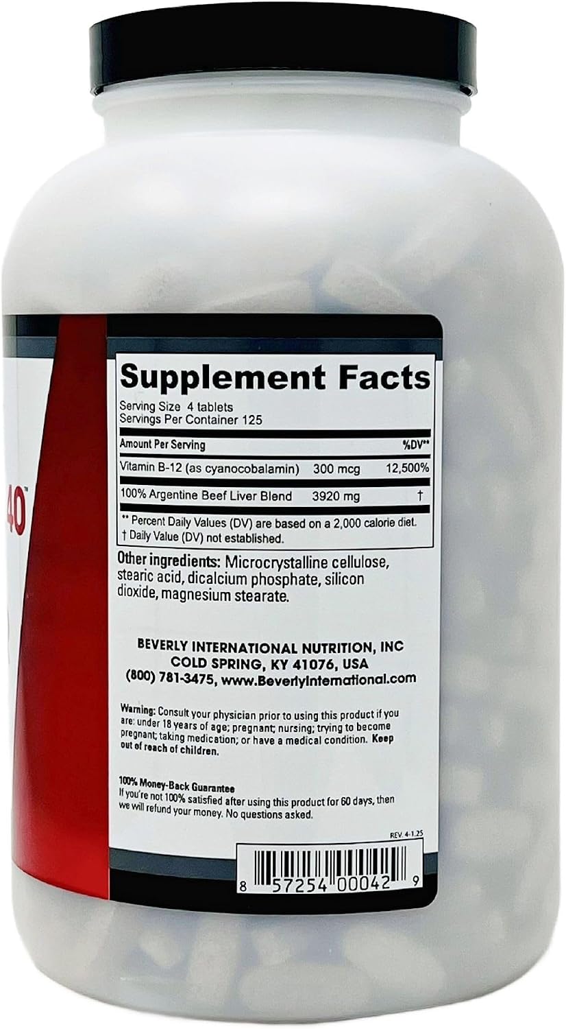 Beverly International Ultra 40 Grass Fed Desiccated Beef Liver, 500 Tabs | 100% Argentine Beef Liver, Golden-Era Secret for Boosting Muscle Growth, Stamina & Performance