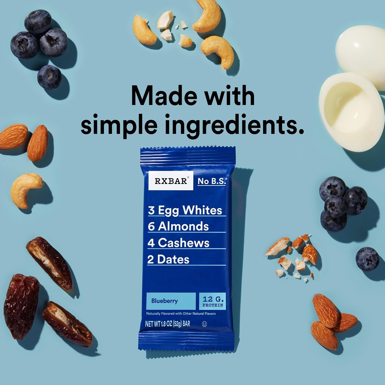 RXBAR Protein Bars, 12g Protein, Gluten Free Snacks, Blueberry, 22oz Box (12 Bars)