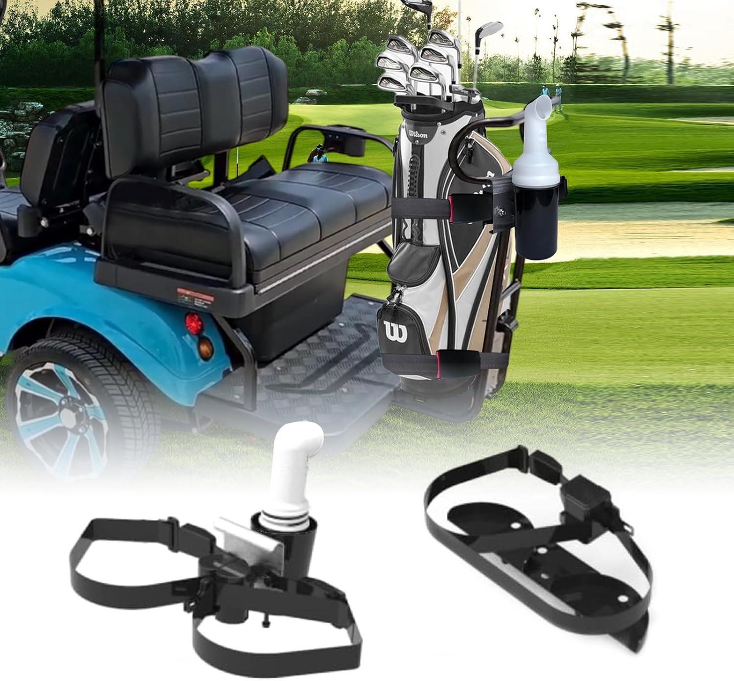 No Drilling Golf Cart Bag Holder Bracket/for 2+2 Rear Seat with Sand Bottle | Adjustable Golf Cart Bag Attachment Compatible with Evolution Golf