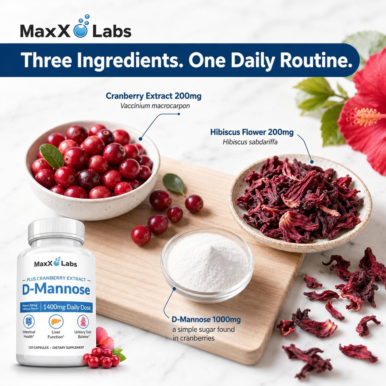D-Mannose Capsules, 1400 Mg with Cranberry & Hibiscus Flower, 120 Ct | Fast Acting Formula, Supports Bladder & Urinary Tract Health - Extra Strength 60 Servings