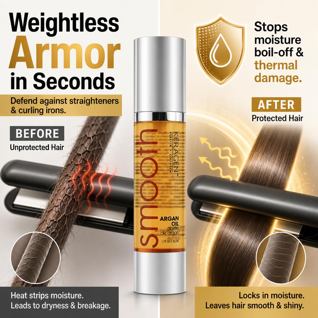 KERAGEN Heat Styling Hair Serum, Heat Protection Argan Oil, 1.7 oz | Organic argan oil, keratin and collagen support smoothening, softening and shine