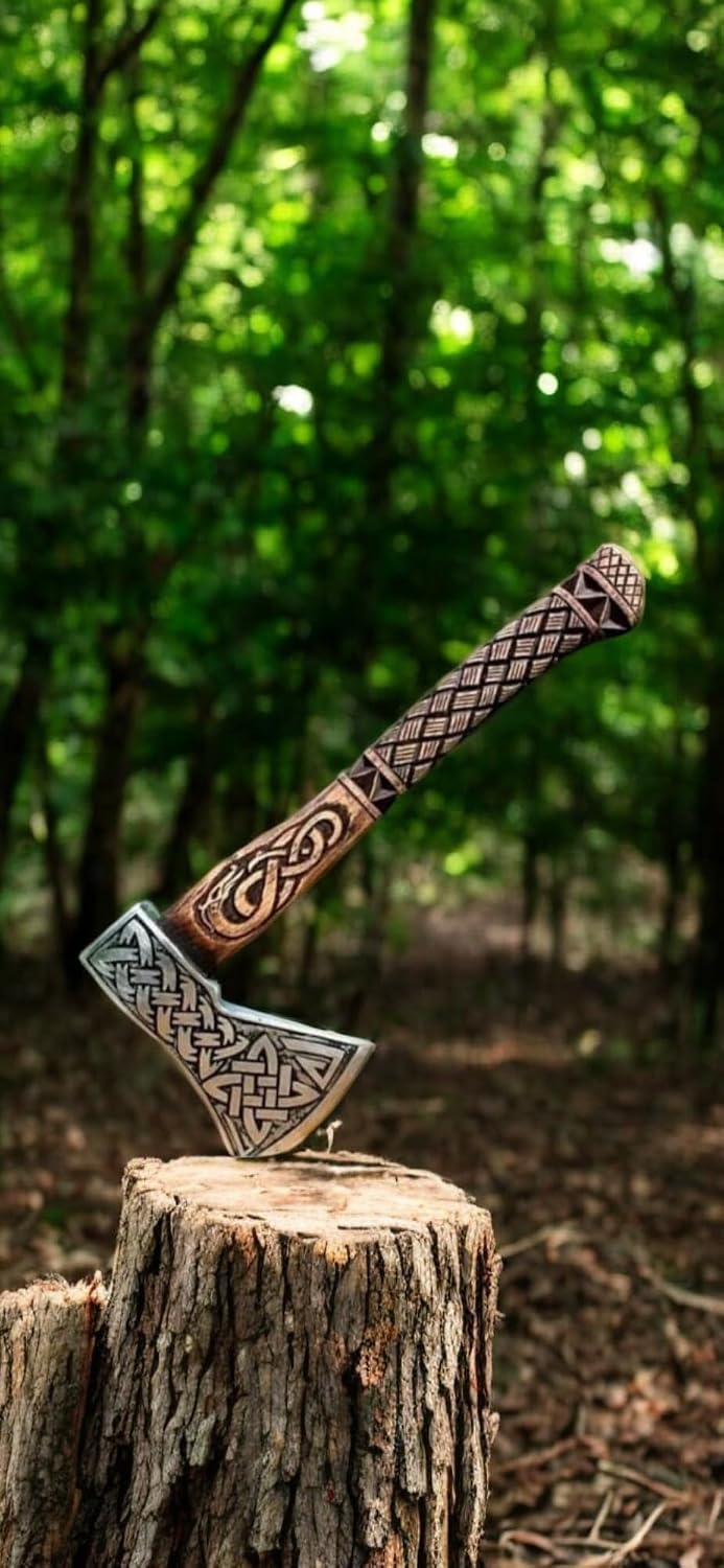 Poshland AX-7000 Custom Gift Forged Carbon Steel Viking Axe with Rose Wood Shaft, Viking Bearded Camping Axe