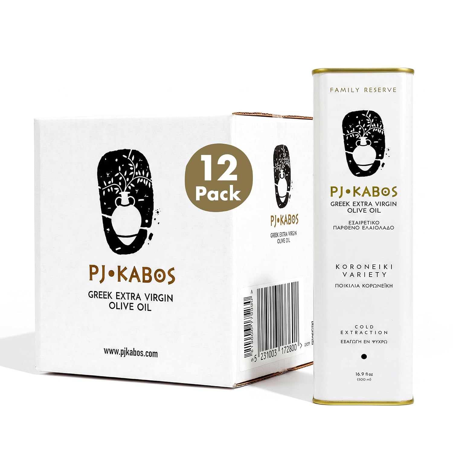 P.J. KABOS Fresh 2025/26 Harvest, High Phenolic (400+mg/kg), Natural Greek Extra Virgin Olive Oil, Kosher, Greece, Cold Extracted, 16.9 oz Tin, Koroneiki, "Family Reserve -Medium"