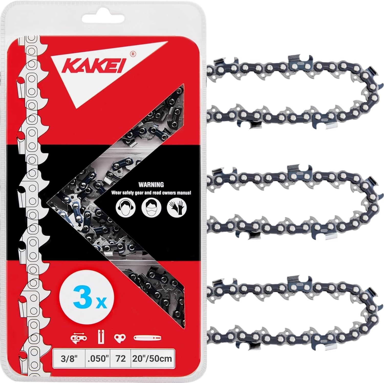 KAKEI 18 Inch Chainsaw Chain 3/8" LP Pitch .050" Gauge 62 Drive Links Fits Poulan, Kobalt, Echo, Ego
