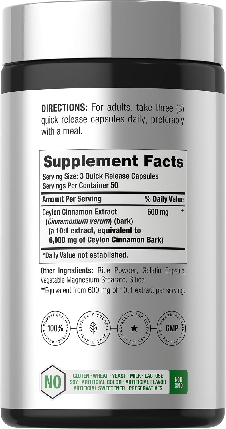 Horbäach Ceylon Cinnamon Supplement | 150 Capsules | Herbal Extract Pills | Non-GMO & Gluten Free