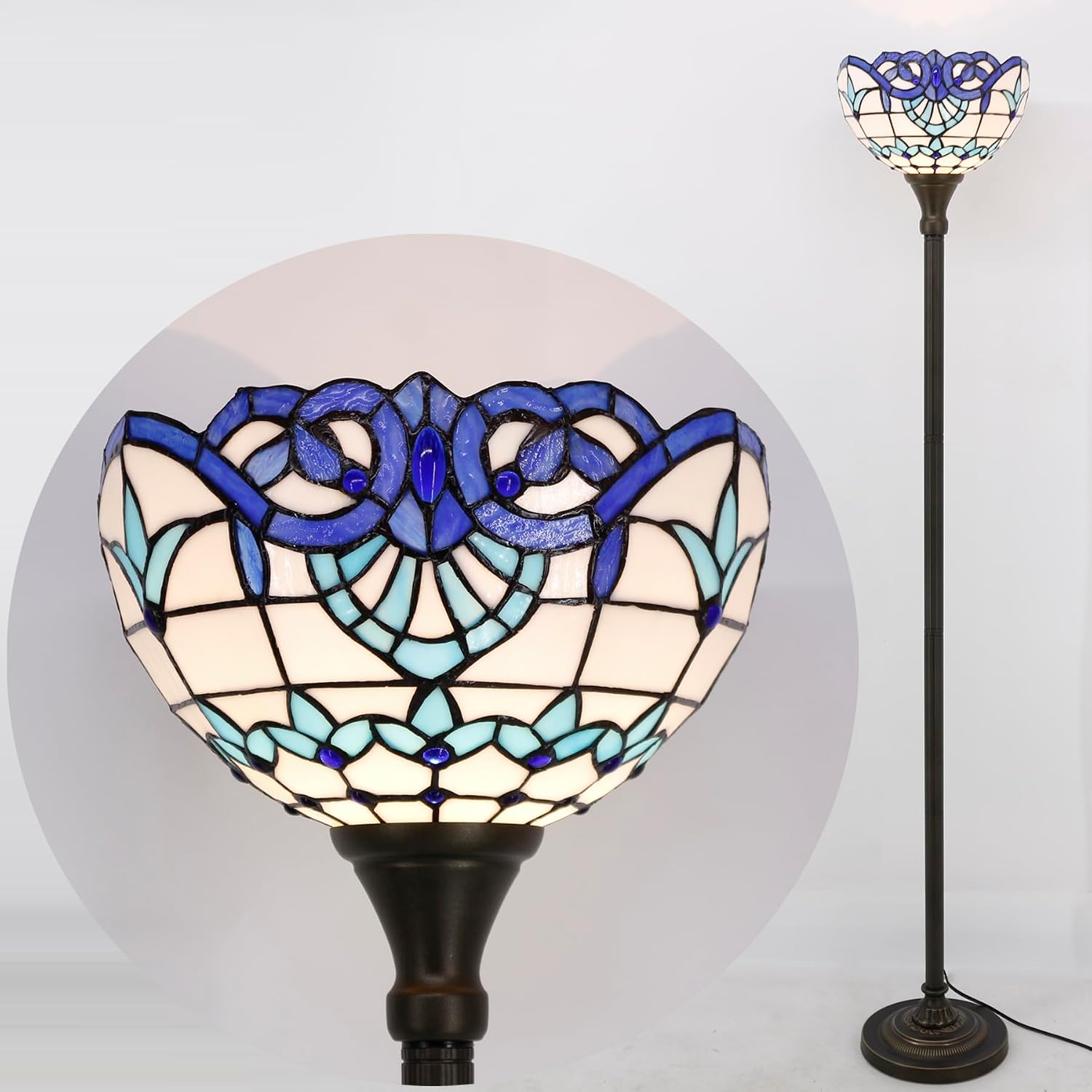 WERFACTORY Tiffany Floor Lamp Navy Baroque Stained Glass Torchiere Light | 12X12X71 Inches Pole Blue Standing Corner Torch Uplight Decor Bedroom
