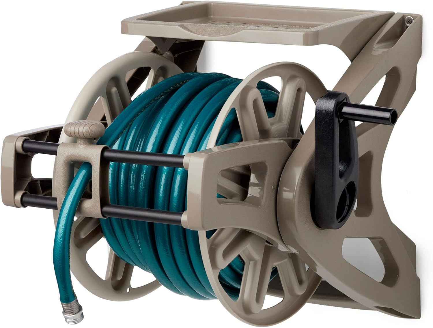 Suncast Slide Trak Garden Hose Reel, Wall-Mount Holder with Storage Tray, Dark Taupe - Outdoor Mounted Organizer for 175 Ft of 5/8" Standard Vinyl Water Hoses in Lawn and Yard