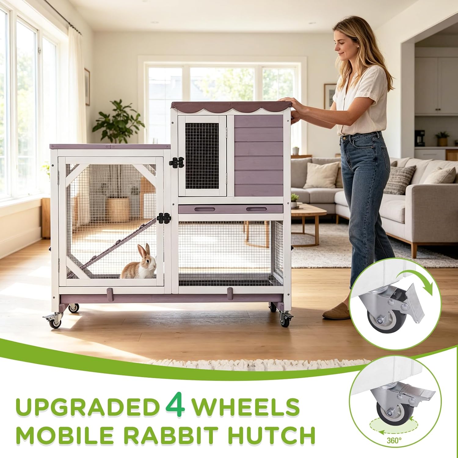 Indoor Rabbit Bunny Hutch Outdoor, Guinea Pig Cages with Removable Bottom Wire Netting - Easy Clean