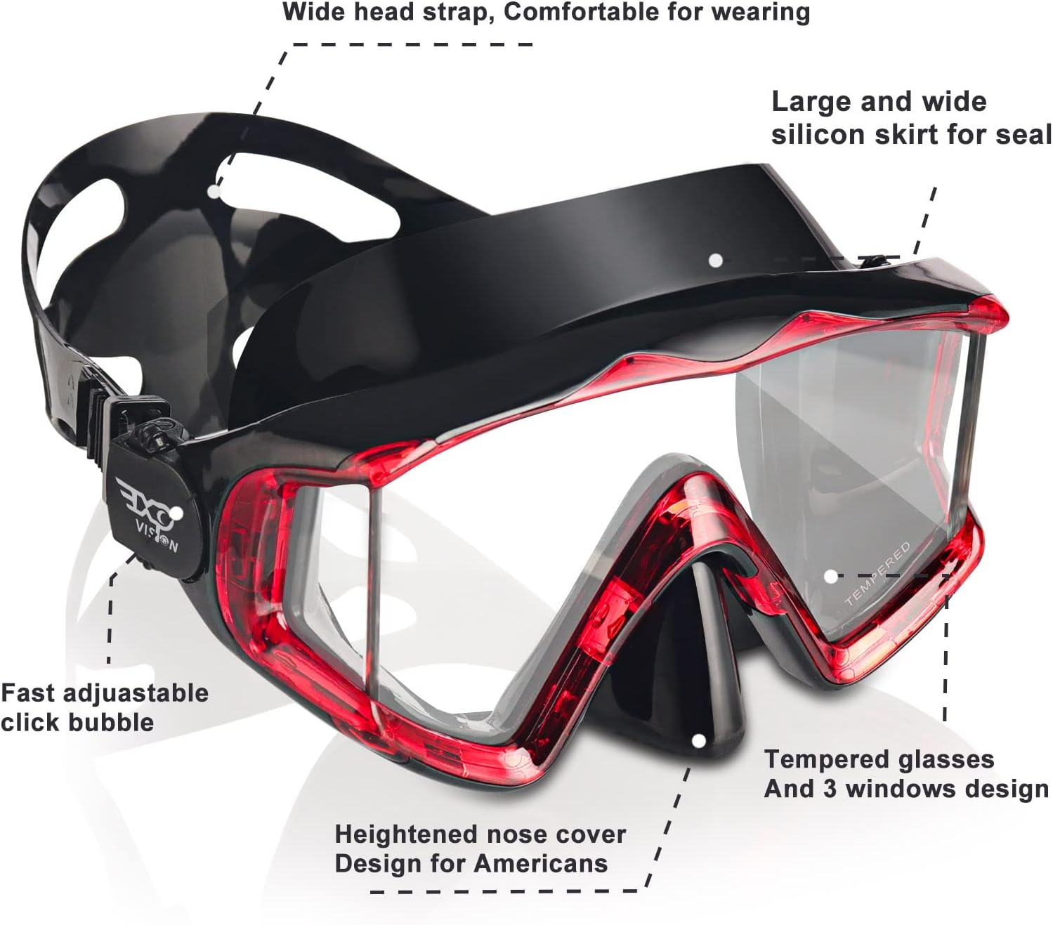 Adult Pano 3 Scuba Diving Mask, Tempered Glass Snorkel Mask Anti-Fog Swim Mask No Leakage Swim Goggles with Nose Cover Snorkeling Gear for Snorkeling