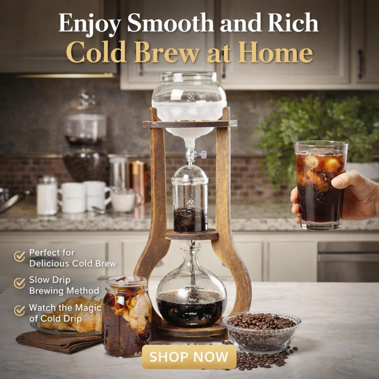 Nispira Iced Coffee Cold Brew Drip Tower Coffee Maker, 6–8 Cup Manual Cold Brew Brewer with Adjustable Valve, Wooden Frame & Glassware, Slow Cold Extraction System