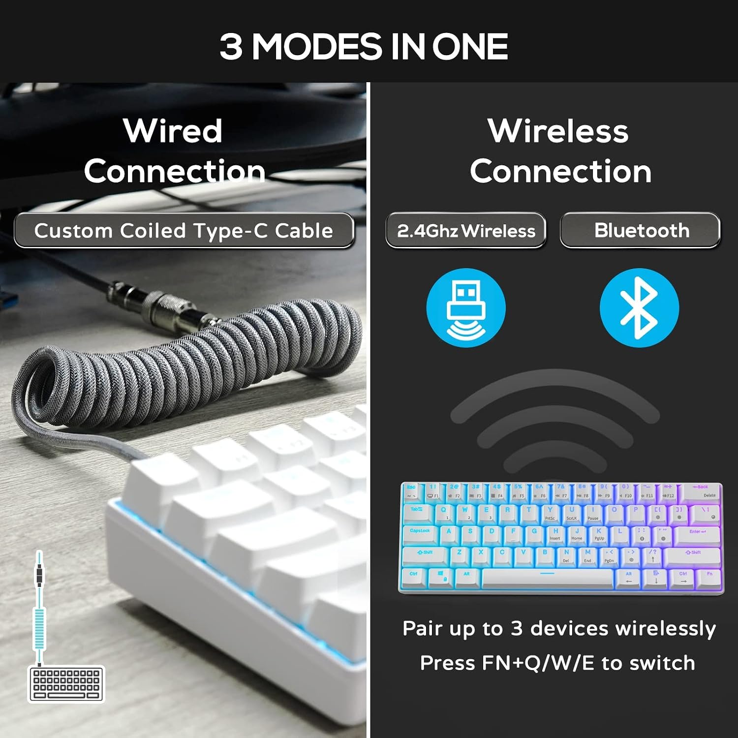 RK ROYAL KLUDGE RK61 Wireless Mechanical Keyboard, 60% Percent RGB, White | Hot Swappable Gaming Keyboard with Bluetooth/2.4G/USB, 61 Keys Ultra-Compact for Win/Mac/PC, Coiled Cable, Linear Red Switch