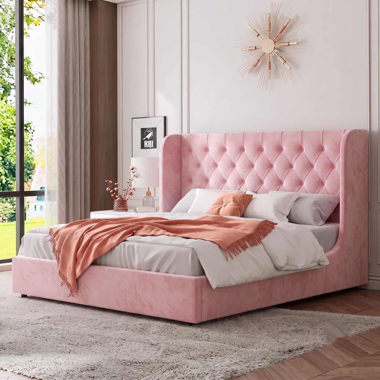 HOMBCK Full Size Bed Frame with Headboard, Upholstered Platform Bed, White | Velvet Tufted Curved Wingback/Wooden Slats Support/No Box Spring Needed/Noise-Free/Easy Assembly