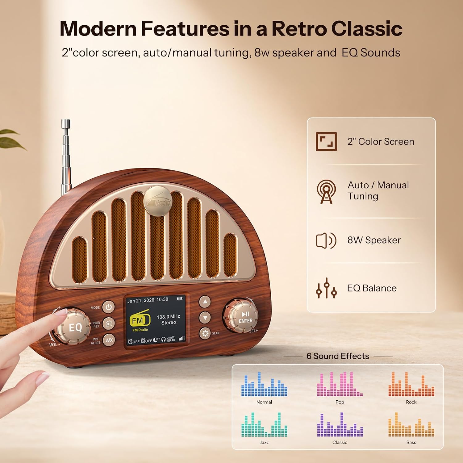 Retro FM Radio with NOAA Weather Alert & Bluetooth Speaker | 40 FM + 7 Weather Band Presets, 2" Color Display, Dual Alarm, Sleep Timer