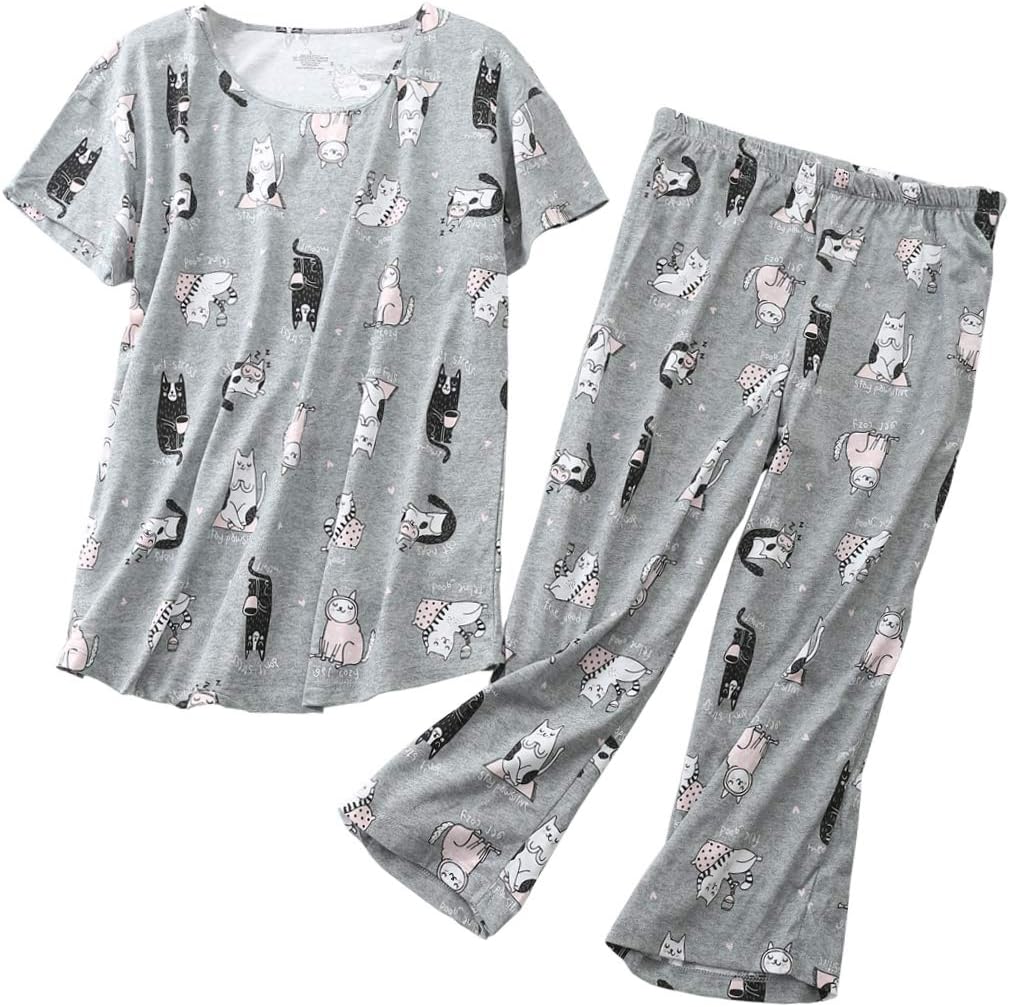 ENJOYNIGHT Womens Pajama Set Cotton Summer Pj Top with Capri Pant Sleepwear