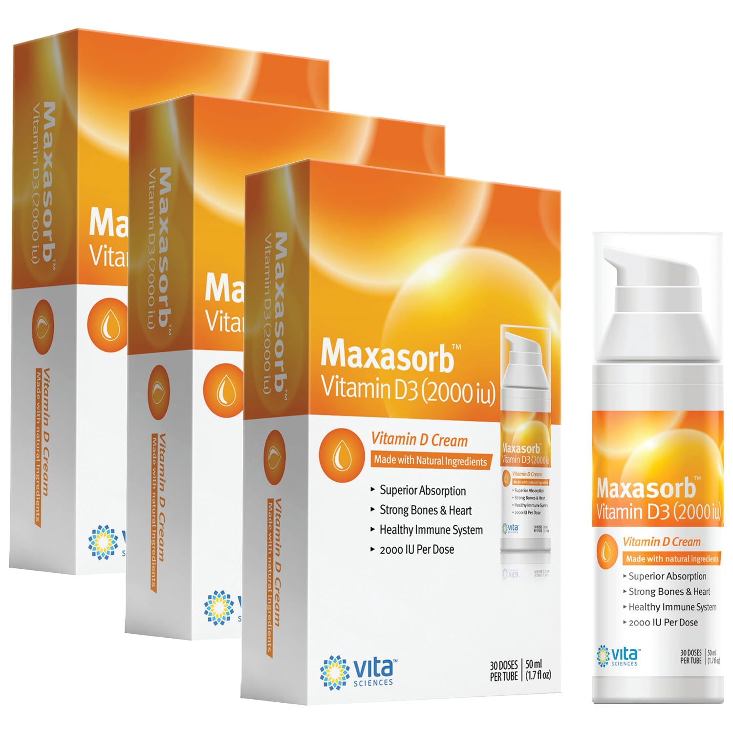 Vita Sciences Maxasorb Vitamin D3 Cream 2,000 IU, Topical Formula - 1.7 Oz | Delivers 2,000 IU of Topical Vitamin D3 Cream Per Pump - Fast-absorbing, Non-greasy, Paraben-Free Daily Skin Moisturizer.