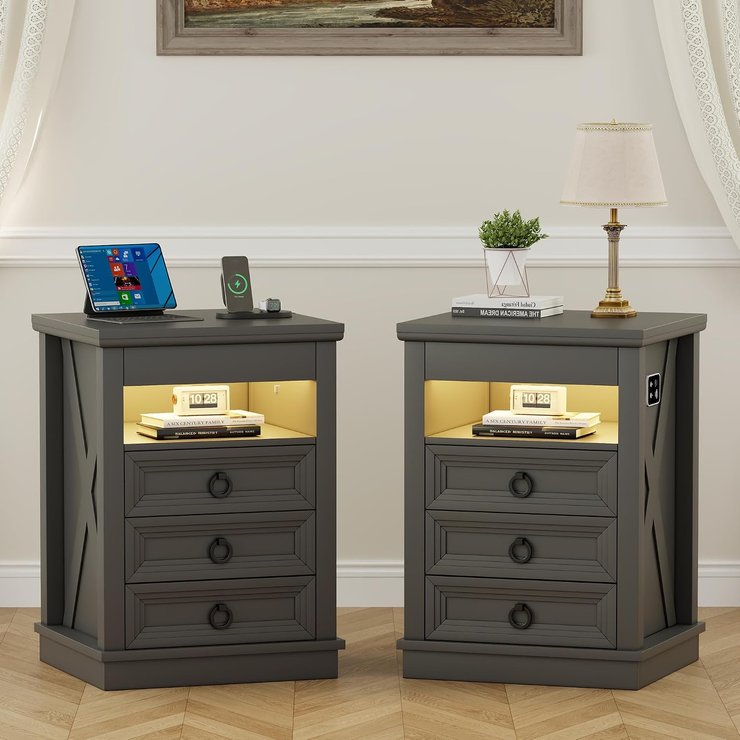 Lvifur LED Nightstand with Lockable Gun Drawer and Human Sensor, Black | USB & Type-C Charging Station, 3 Dimmable Lights, Adjustable Brightness, 3 Drawers, Farmhouse Style, Human Body Induction