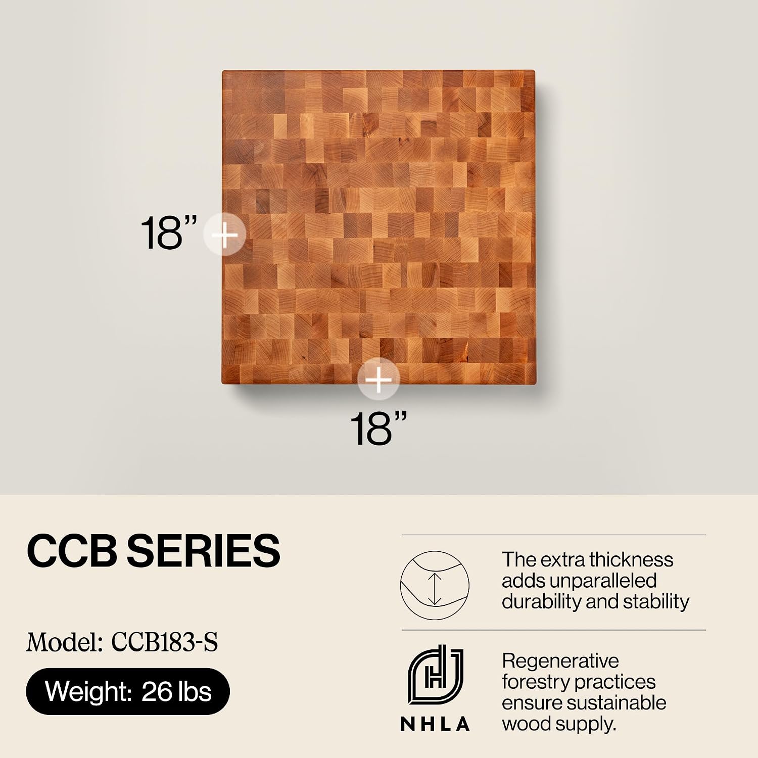 John Boos CCB Series Square Wooden Maple Cutting Board 12”x12” – 3” Thick, 13-lb Reversible Butcher Block with End-Grain & Finger Grips – Made in the USA