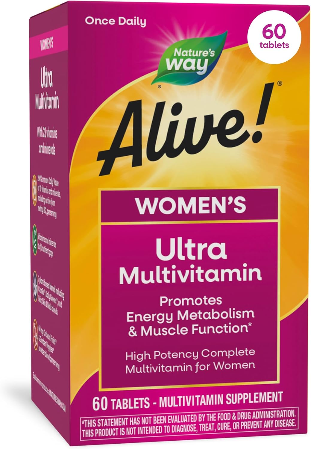 Nature's Way Alive! Women's Ultra Multivitamin, High Potency, 60 ct | Complete Daily Women's Vitamins, Promotes Energy Metabolism and Muscle Function*, Vitamin A, C, D, Methylated B12