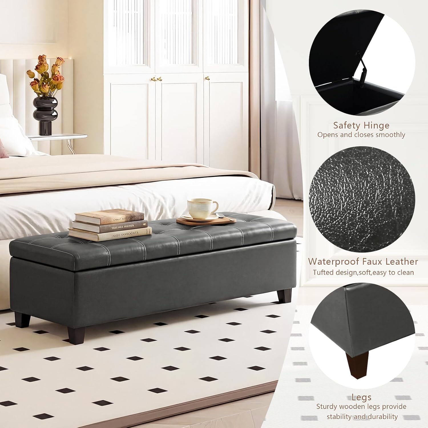 51 Inch Storage Bench,Leather Tufted Storage Ottoman with Legs | Safety Hinges,Wooden Legs,Upholstered,End of Bed,Bedroom,Living Room,Entryway,330LBS,Brown