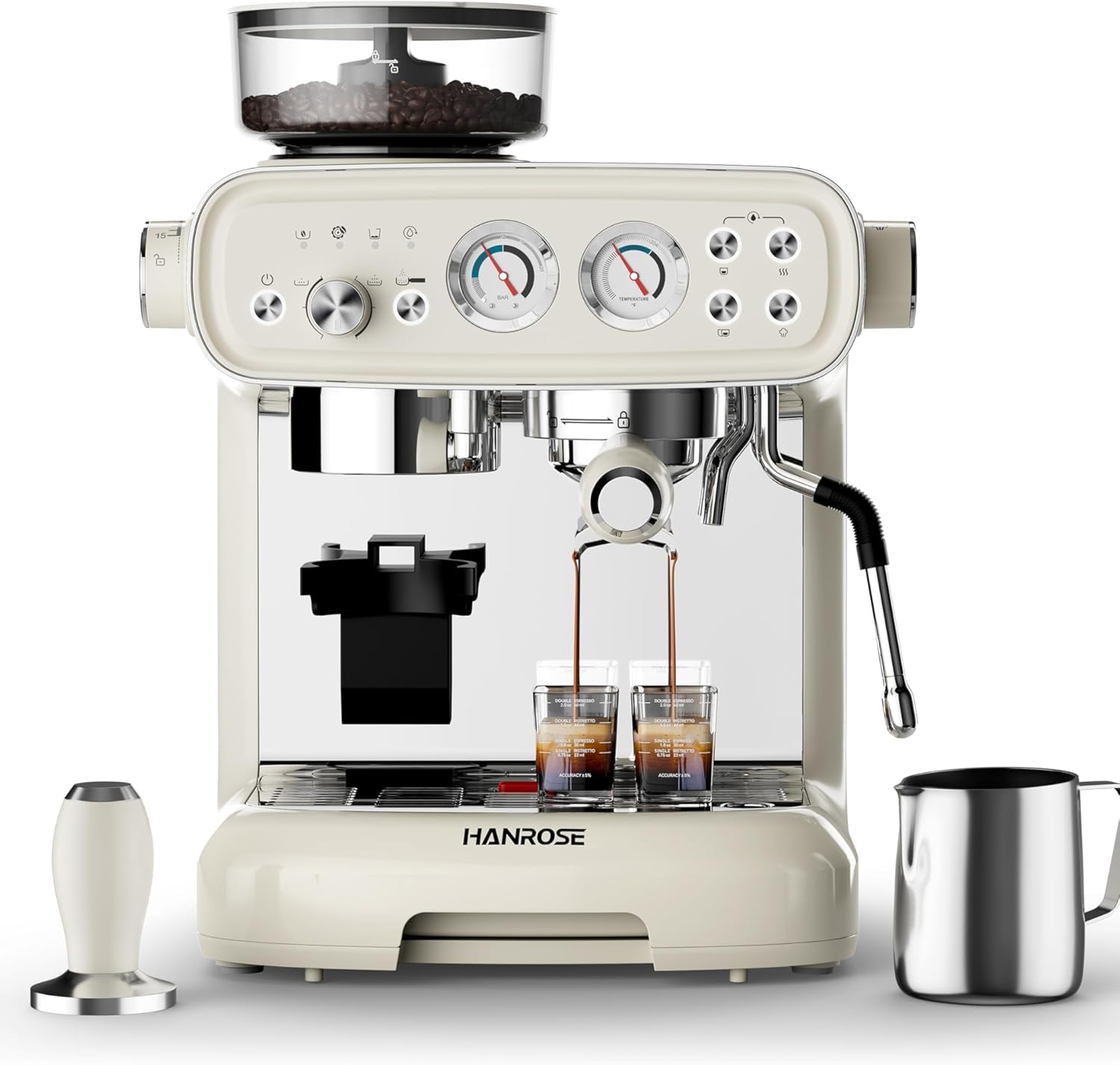 Espresso Machine with Grinder and Milk Frother, 20 Bar ULKA Pump | Fully Removable Burr Assembly, Adjustable Dosing & Independent Hot Water for Latte