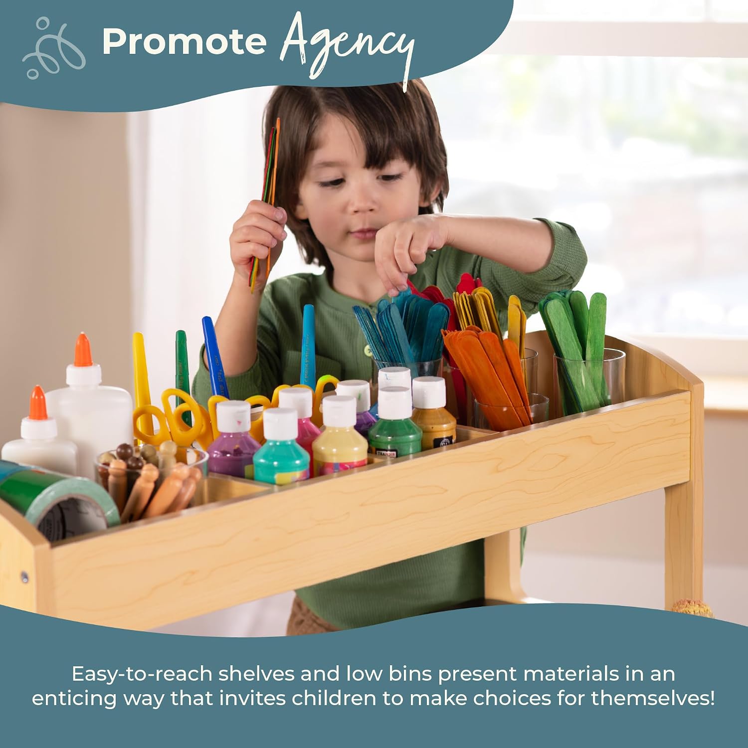 Guidecraft Deluxe Art Center: Kids' Montessori Art Table and Chairs Set with Storage Shelves, 6 Fabric Bins