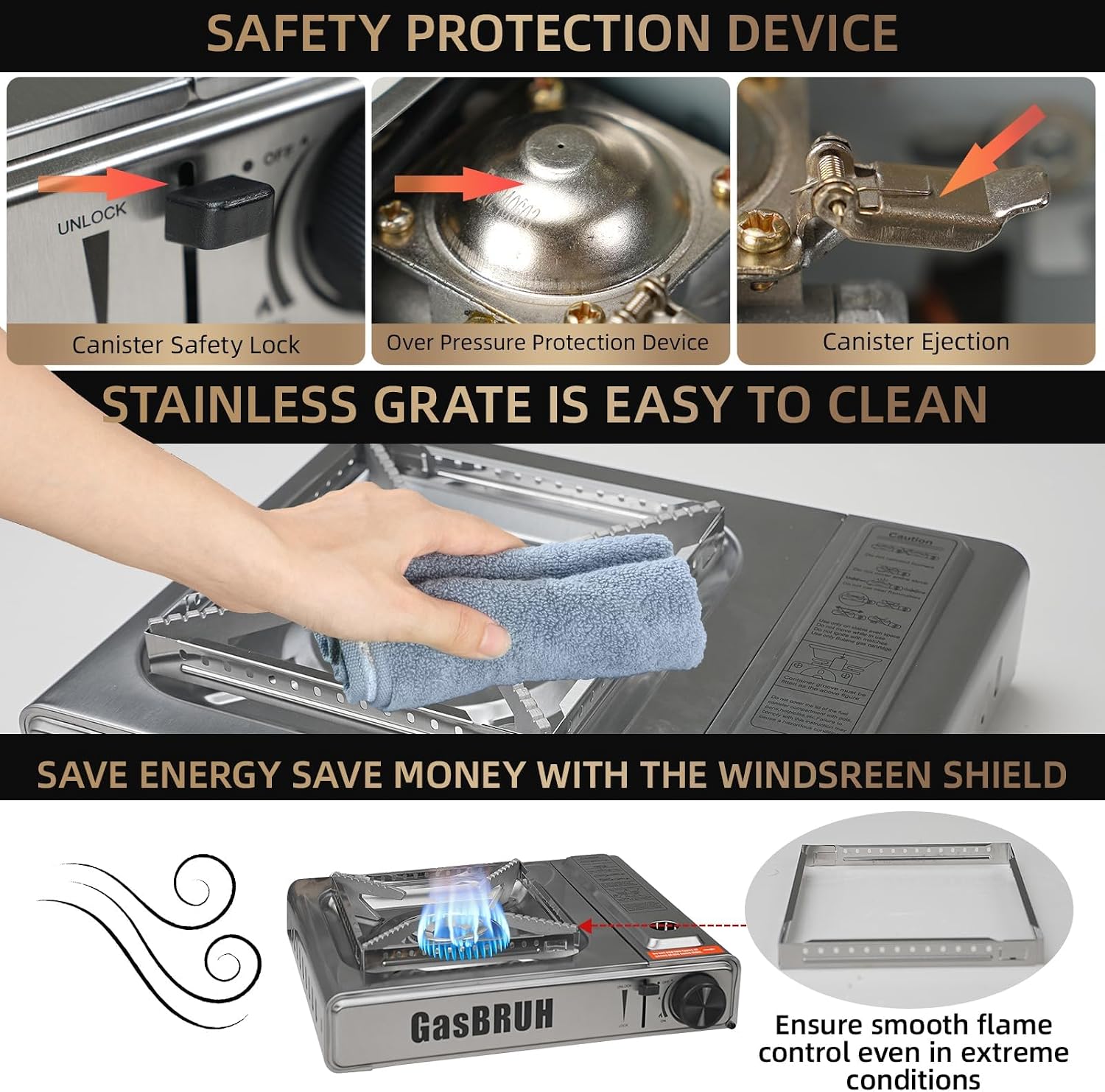 GasBRUH Propane or Butane Camping Stove with Windblocker, Dual Fuel 10,000 BTU Stainess Steel Propane Stove for Camping(TANK not included)