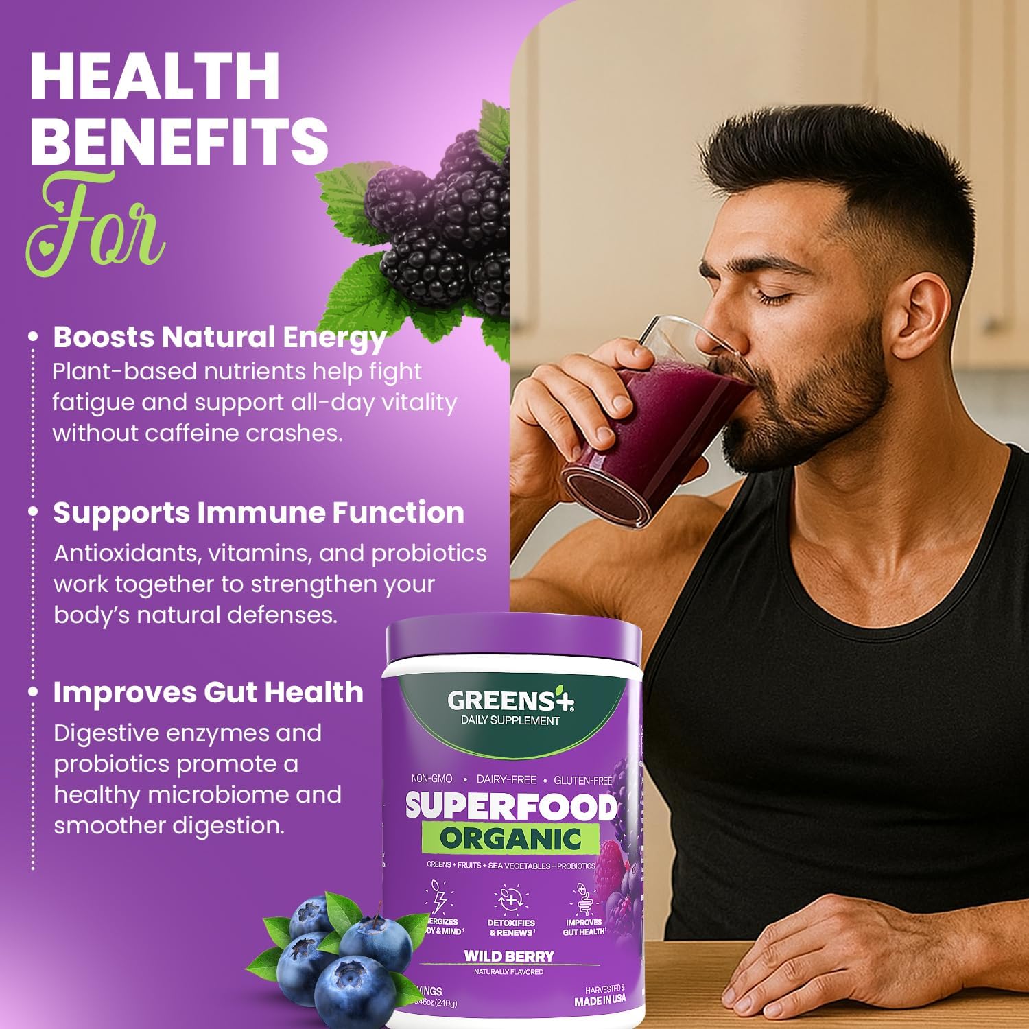Greens+ Organic RAW Superfood Powder, Dietary Supplement | 8.46oz | Energy Boost | Super Blend Immune Support, Morning Kick, Nutrition Vibrant Health, Vegan, Soy Free | Dairy Free | Gluten Free