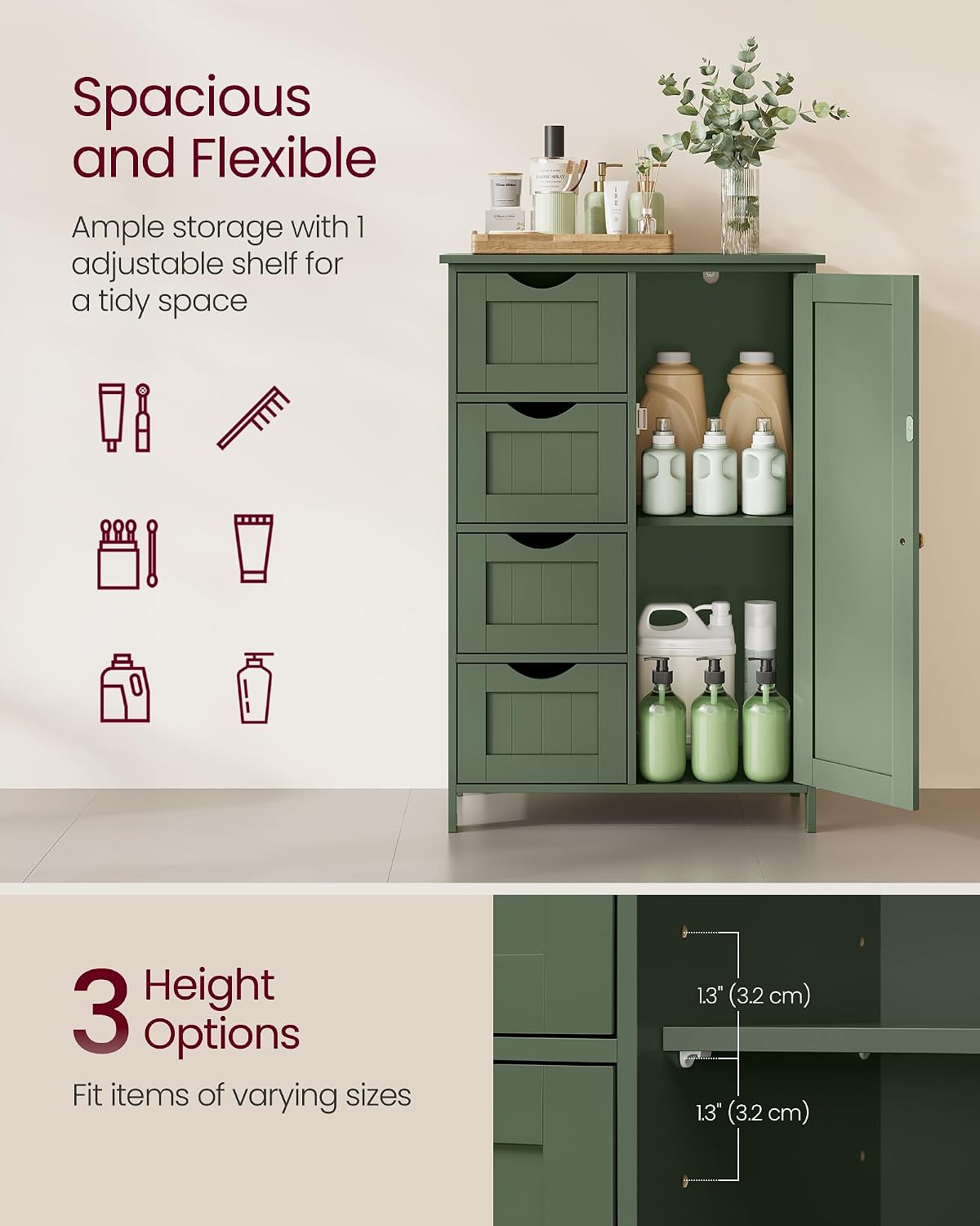 VASAGLE Floor Storage Cabinet, Freestanding Storage Unit with 2 Adjustable Shelves, for Bathroom Living Room Dining Kitchen, 11.8 x 23.6 x 31.5 Inches, Cloud White UBCB60WV1