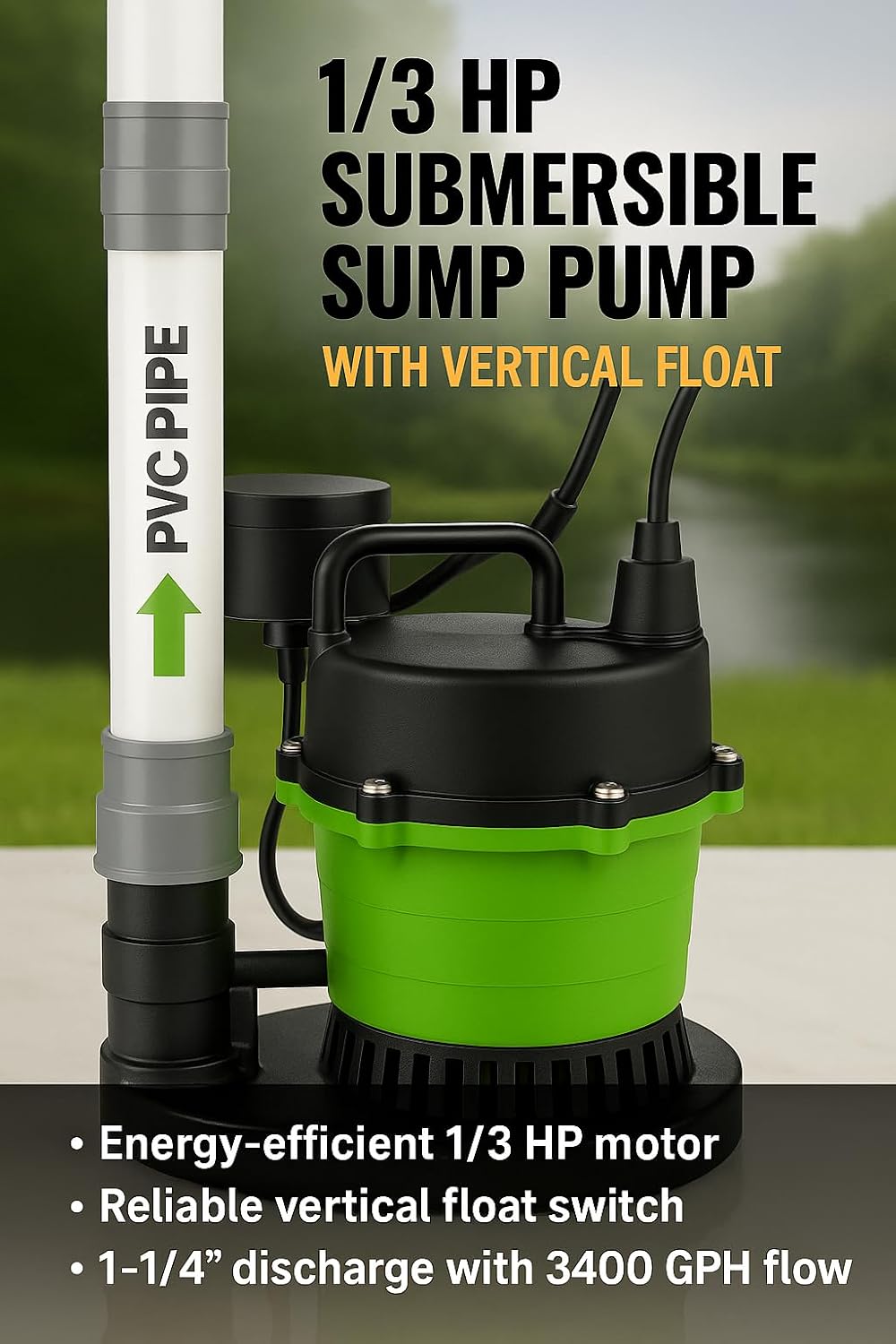 1/3 HP Submersible Sump Pump with Vertical Float Switch, 3400 GPH Max Flow, 25 ft. Head Lift, 120V PSC Motor, Cast Metal & Thermoplastic Housing