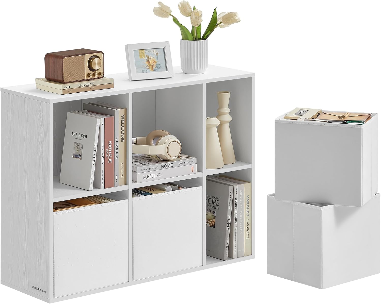 SONGMICS HOME Book Shelf, Snapsemble Superfast Assembly, 6-Tier Floor Standing Bookcase with Doors and Adjustable Shelves, 70.4 Inches Tall for Bedroom Study Living Room, Snow White