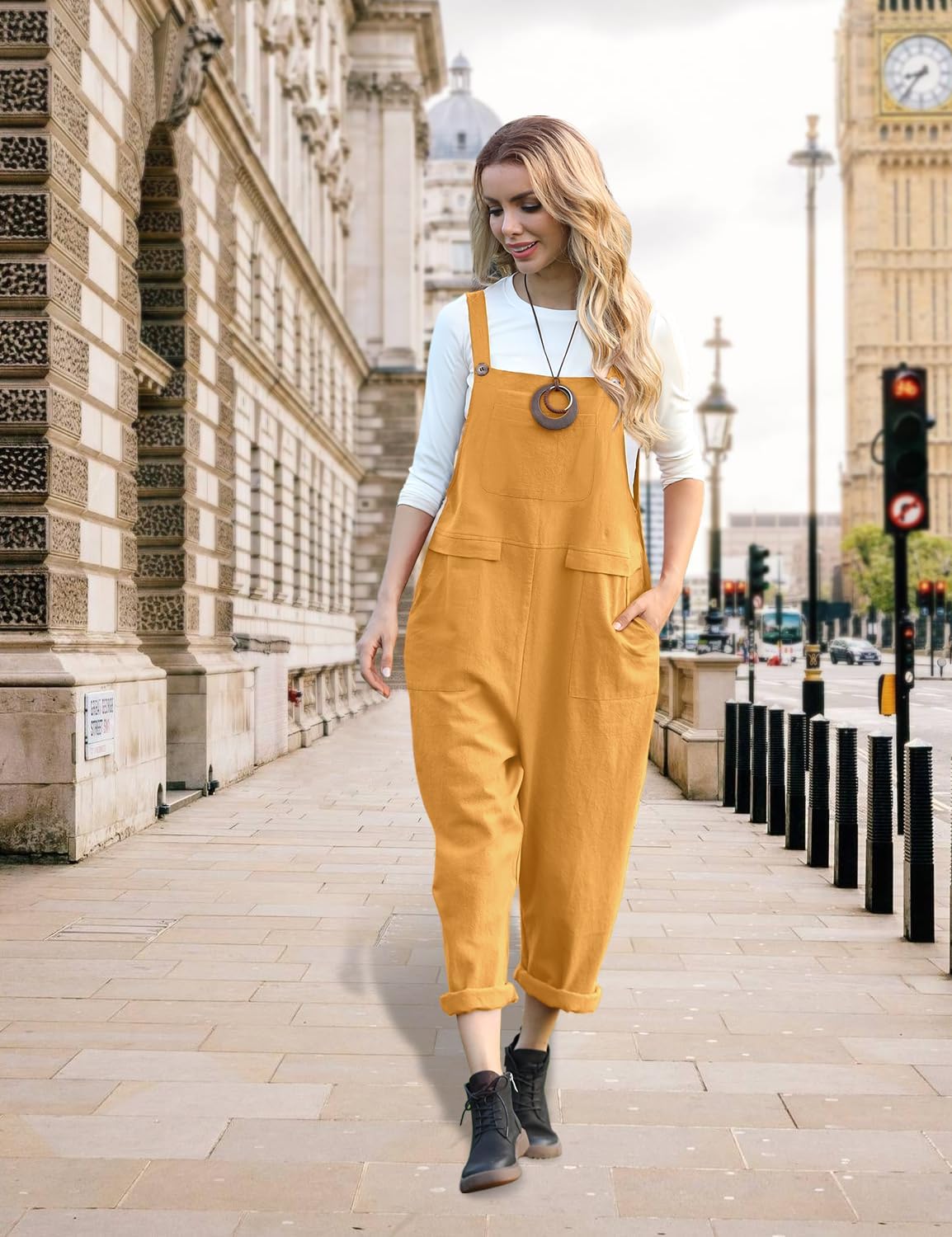 YESNO Women Long Casual Loose Bib Pants Overalls Baggy Rompers Jumpsuits with Pockets PV9