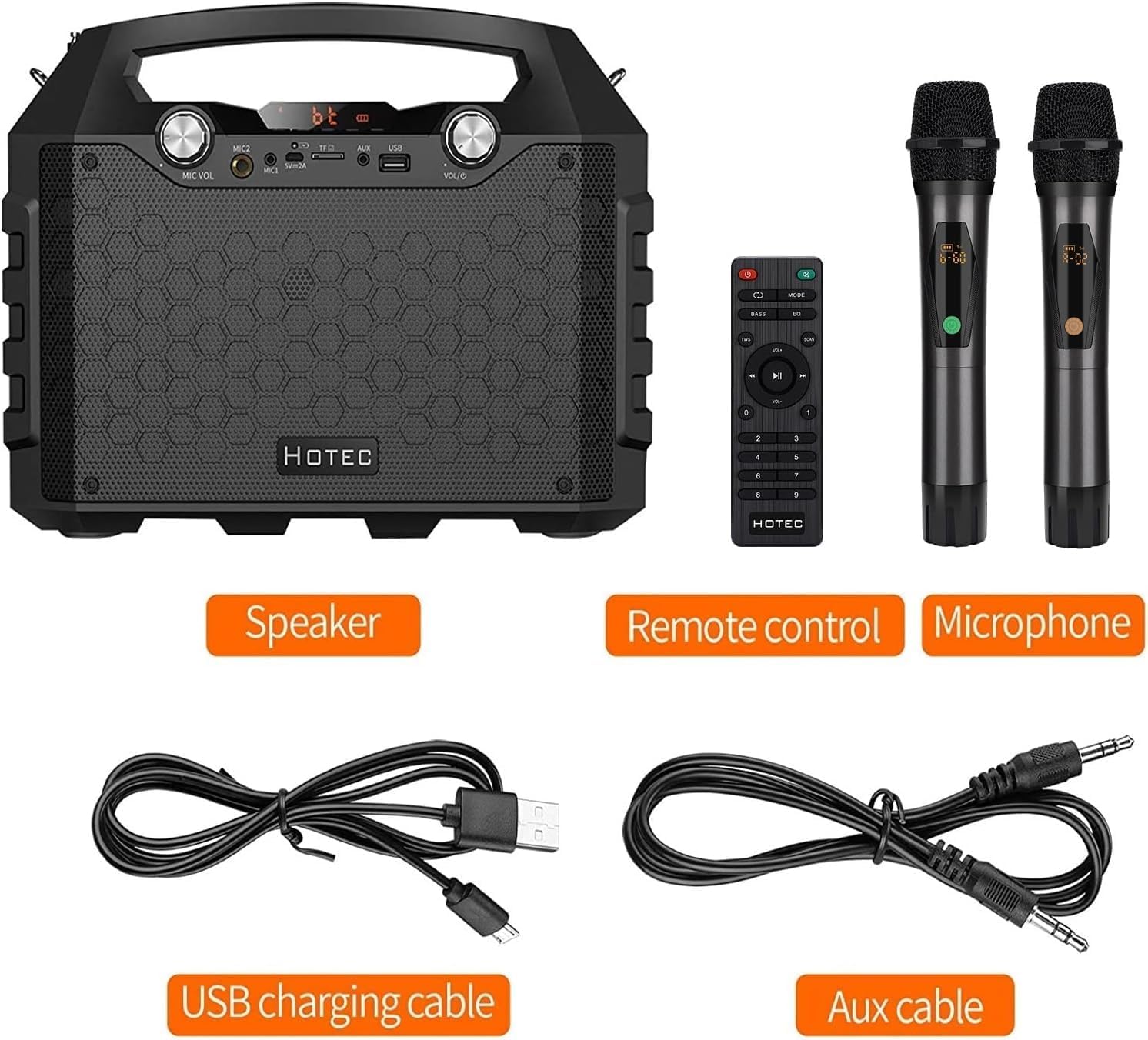 Hotec Wireless Bluetooth Portable PA Speaker System, Powerful Bluetooth Karaoke Machine with Dual Wireless Microphones for Karaoke, Wedding, Party