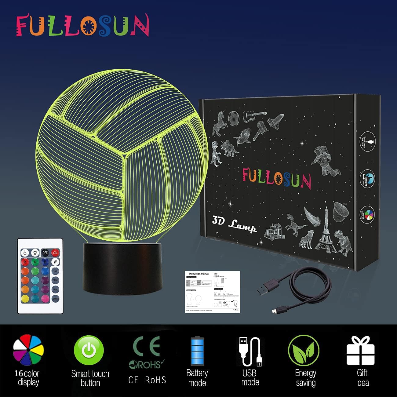 FULLOSUN Volleyball 3D Night Light, Sport Mood Illusion Lamp for Kids with Remote Control 16 Colors Changing