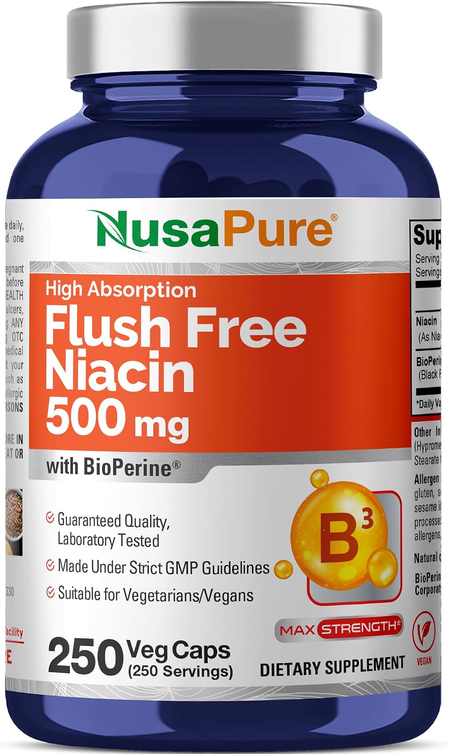 Flush Free Niacin, Non-GMO, Vegan 500mg, 250 Veggie Capsules - 250 Servings
