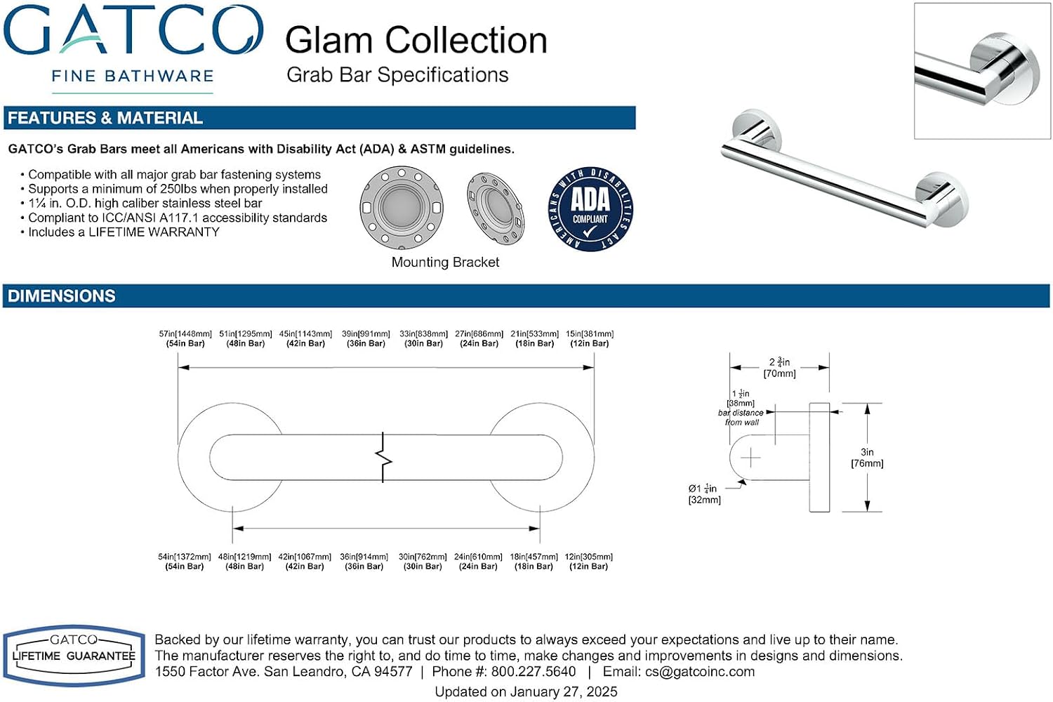Gatco 970 Glam Shower Grab Bar, 12 Inch, ADA Compliant Stainless Steel, Satin Nickel, Wall Mounted Bathroom Handrail