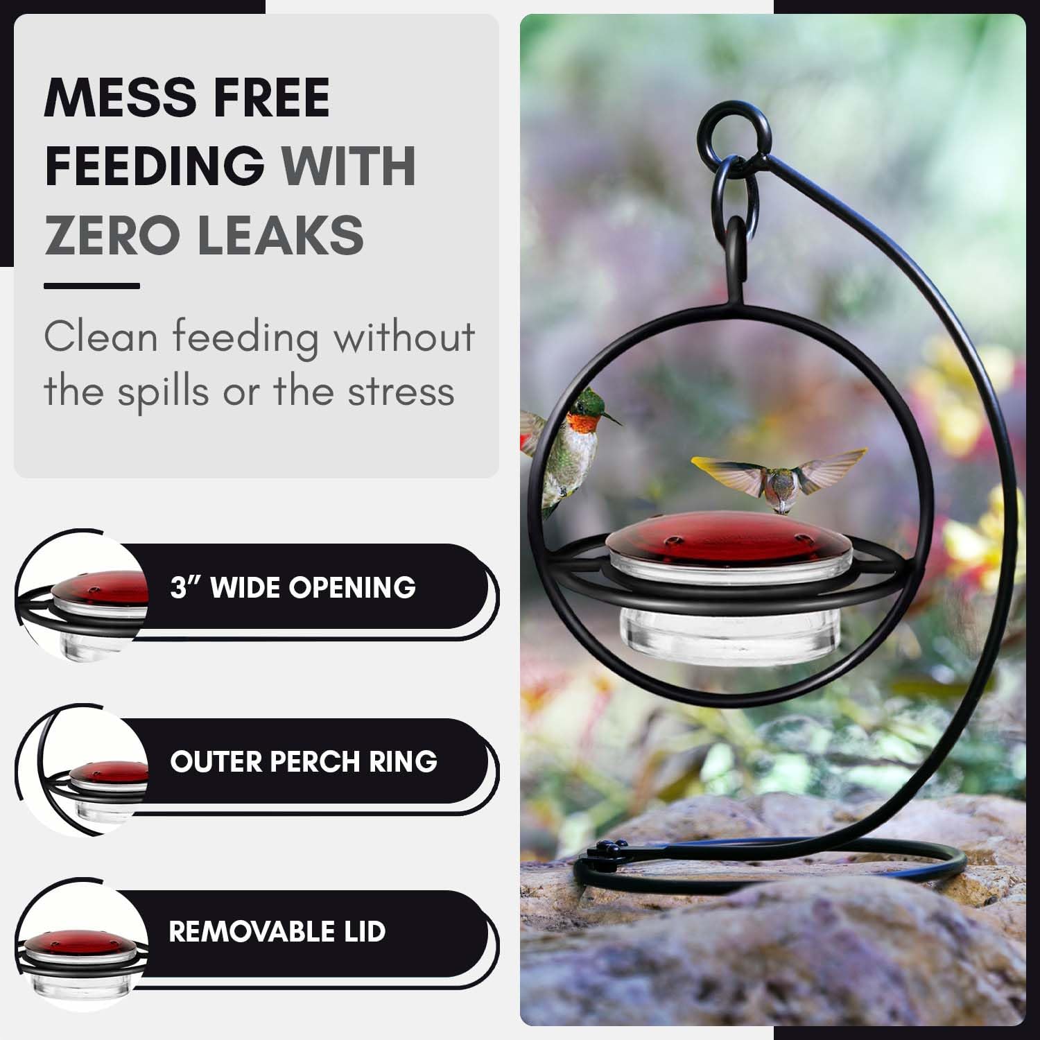Hummingbird Feeder for Outdoors Hanging, 3.4 OZ Hummingbird Feeders, Glass Bowl with 4 Feeding Ports, Leak Proof Lid & Circular Perch, Bird Feeder (1, Red)