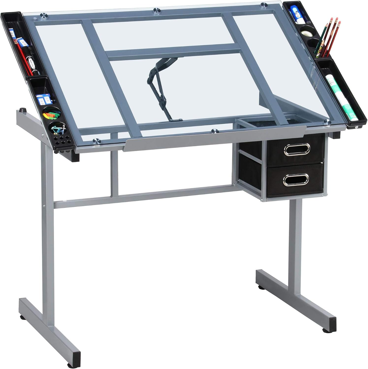 Yaheetech Glass Drafting Table with Storage, Adjustable Art Drawing Desk | Tempered glass top on a steel frame tilts 0-60° for drawing, tracing