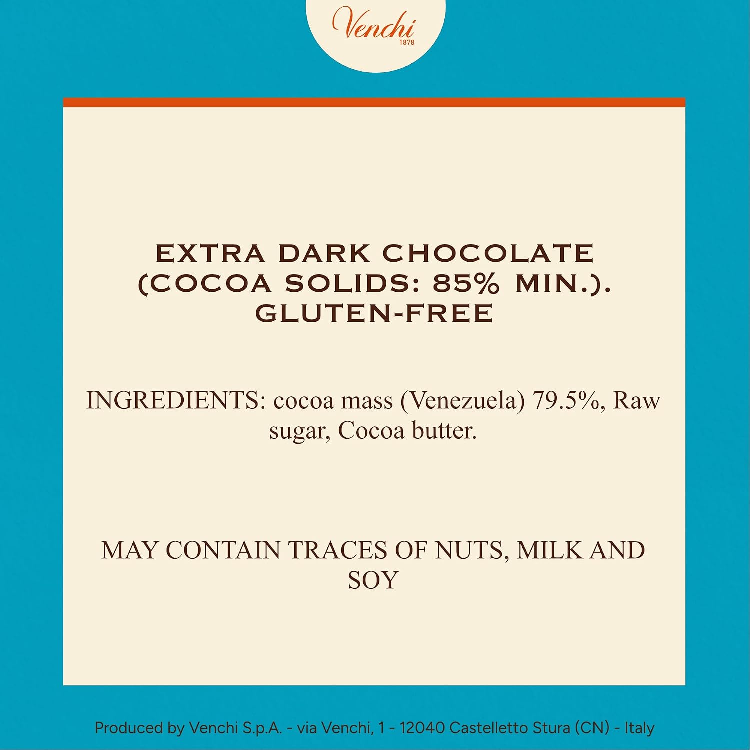 Venchi - Venezuelan Cocoa Blend - 85% Dark Chocolate Bar, 2.46oz - Single Origin Premium Fine Chocolate - Naturally Gluten Free - Vegan