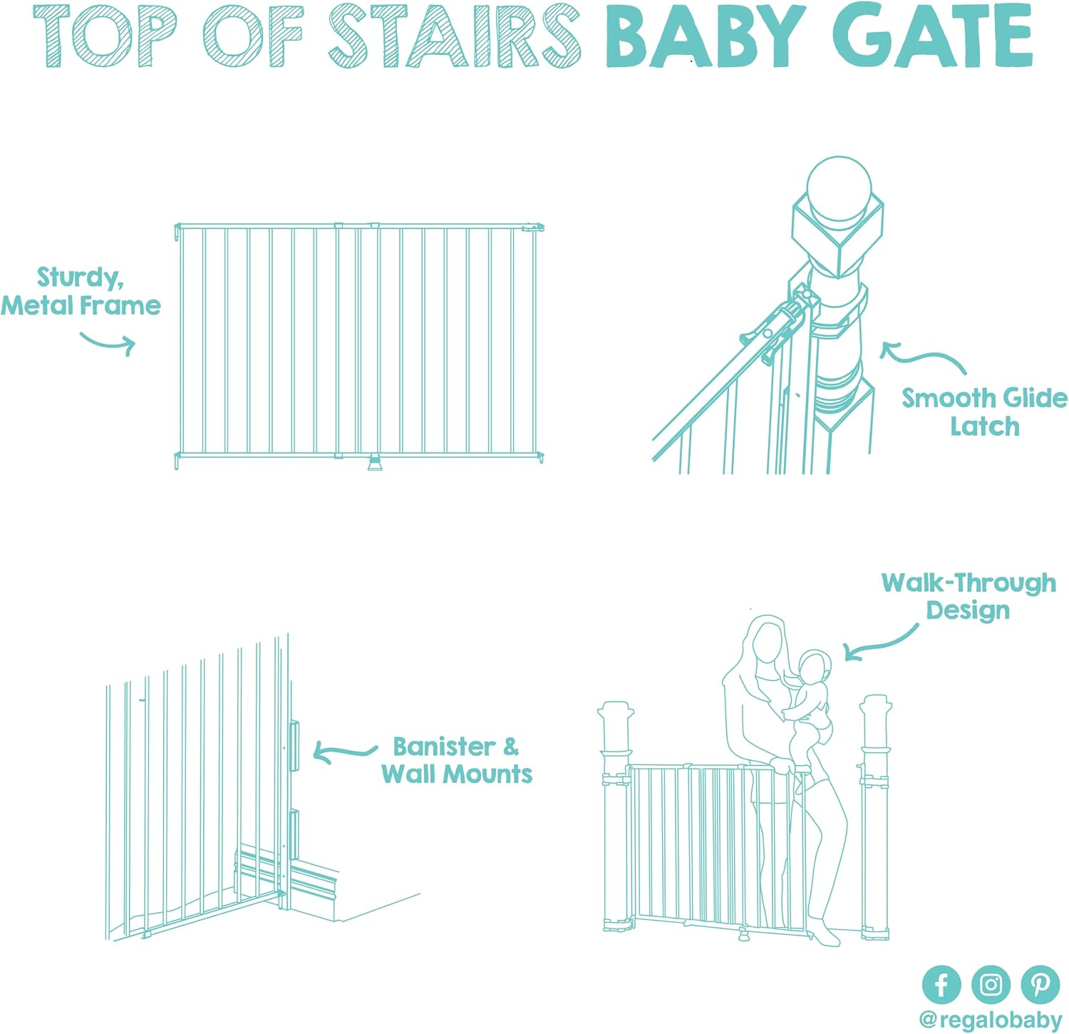 Regalo Safety 36" Extra Tall Baby Gate for Top of Stairs & Dooways