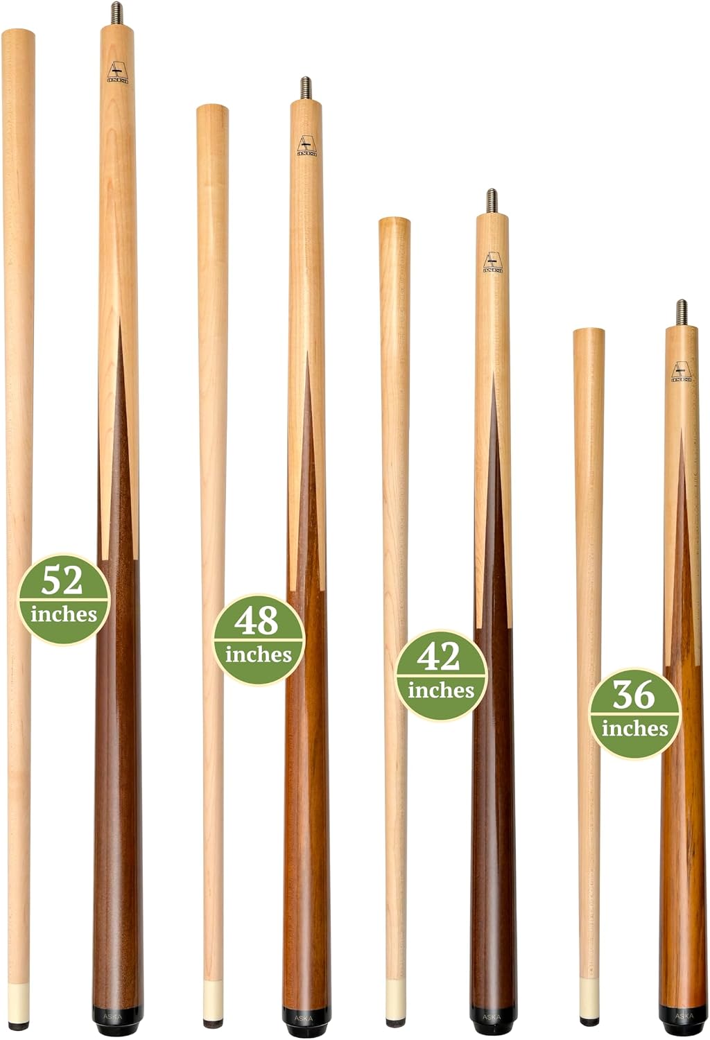 ASKA Short Pool Cue Set of 4, Sneaky Pete Bar Cues, Malaswood Spliced Maple, Hard Rock Maple Shaft, 13mm Tip, 36 42 48 52 Inch Mixed Length