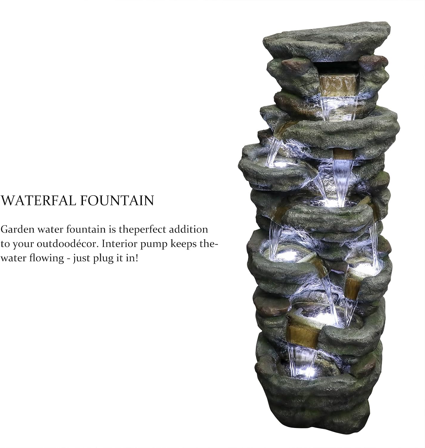 SunJet 40.5” High Rocks Outdoor Water Fountain - 6-Tiers Cascading Waterfall with LED Lights, Soothing Tranquility for Home Garden, Yard Decor