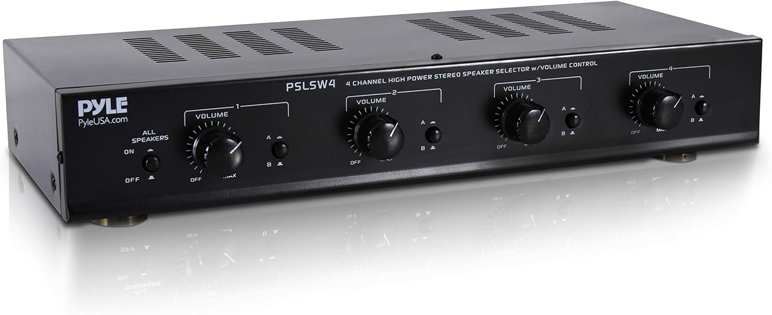 Pyle 4 Channel Speaker Selector Switch - Multi Zone A B Speaker Distribution Controller Box w/Independent Audio Source Volume Control