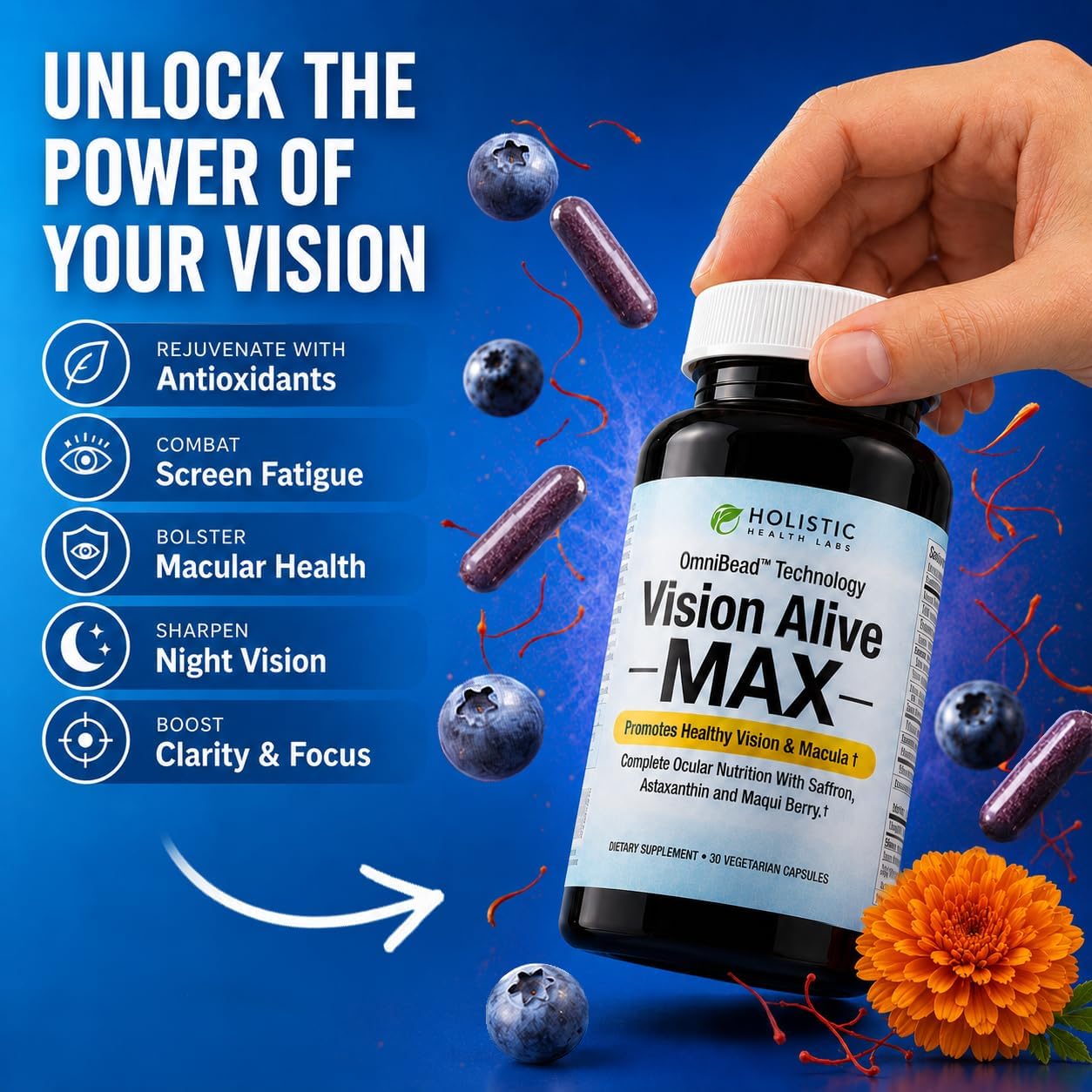 Holistic Health Labs Vision Alive Max Eye Supplement Lutein & Zeaxanthin (Lutemax® 2020) Eye Vitamins for Adults 50+ – Vision & Macular Support