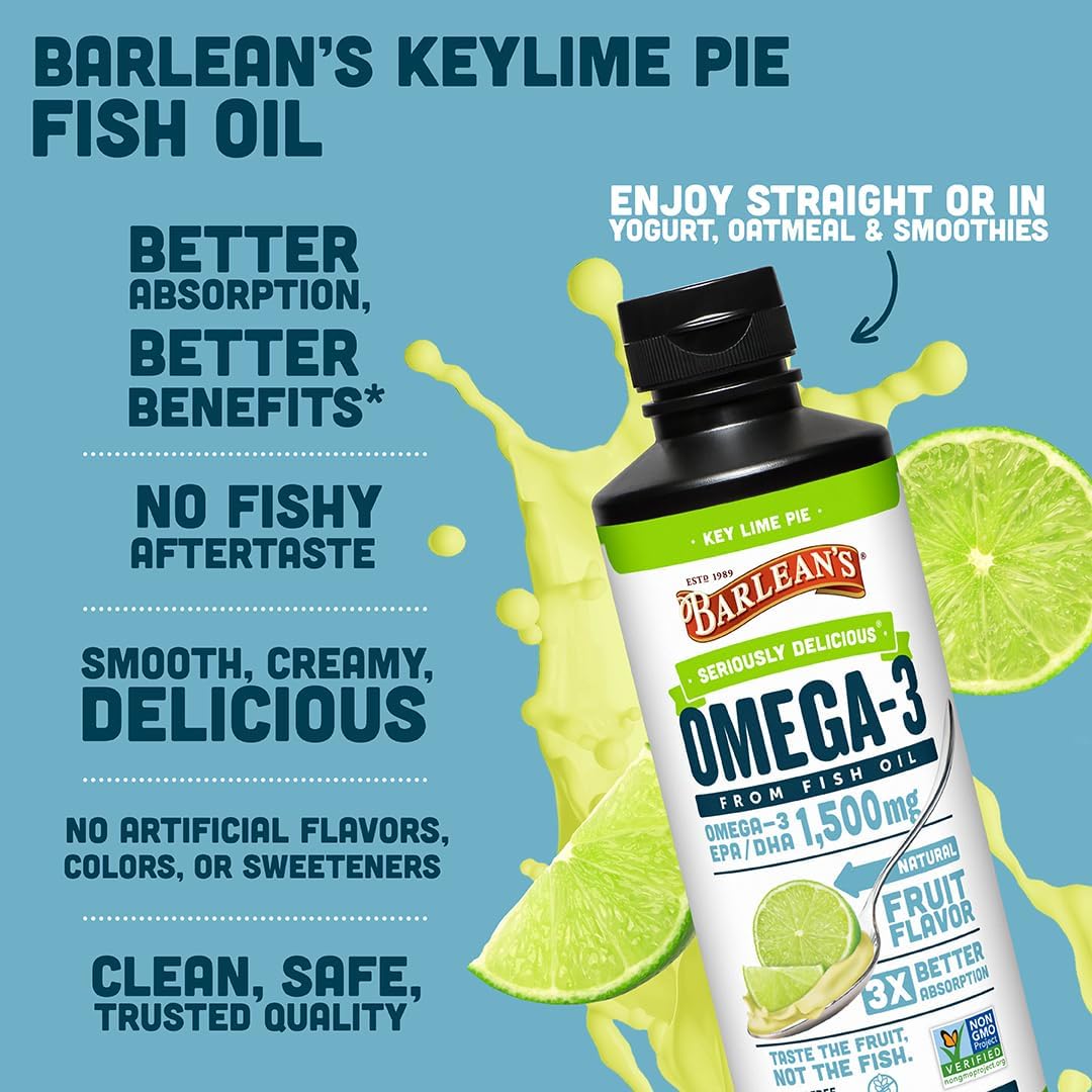 Barlean's Mango Peach Omega-3 Fish Oil, Vitamin D, 1080mg EPA & DHA, 8oz | Wild-caught fish oil plus vitamin D, EPA DHA omega-3, Burpless, Non-GMO, Gluten-free, Heart, brain, bone & immune