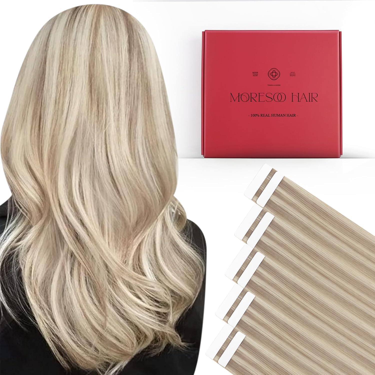 Moresoo Black Tape in Hair Extensions Human Hair, 18 Inch, 20Pcs, 50g