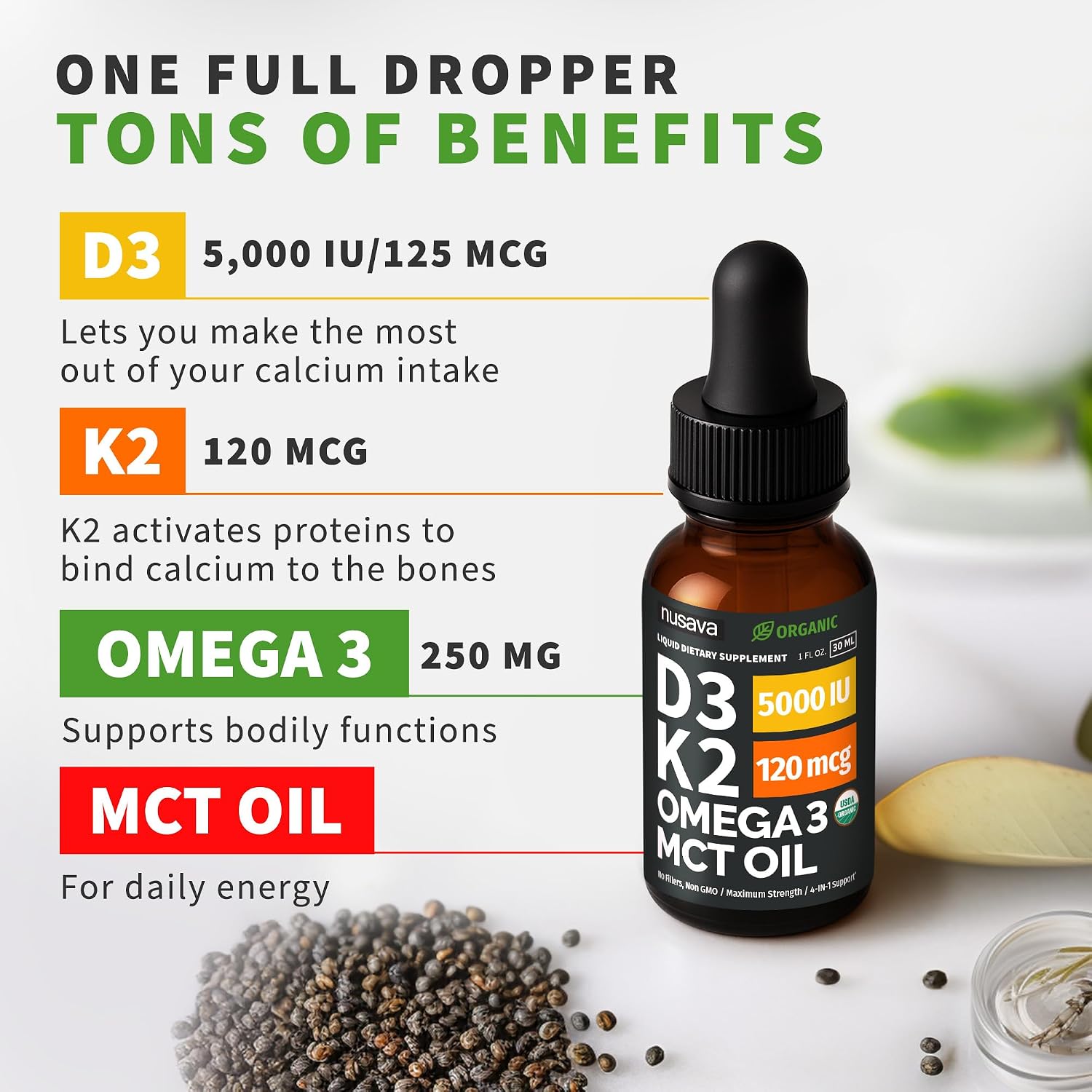 Nusava Organic Vitamin D3 K2 Drops with MCT Oil, Unflavored, Pack of 2