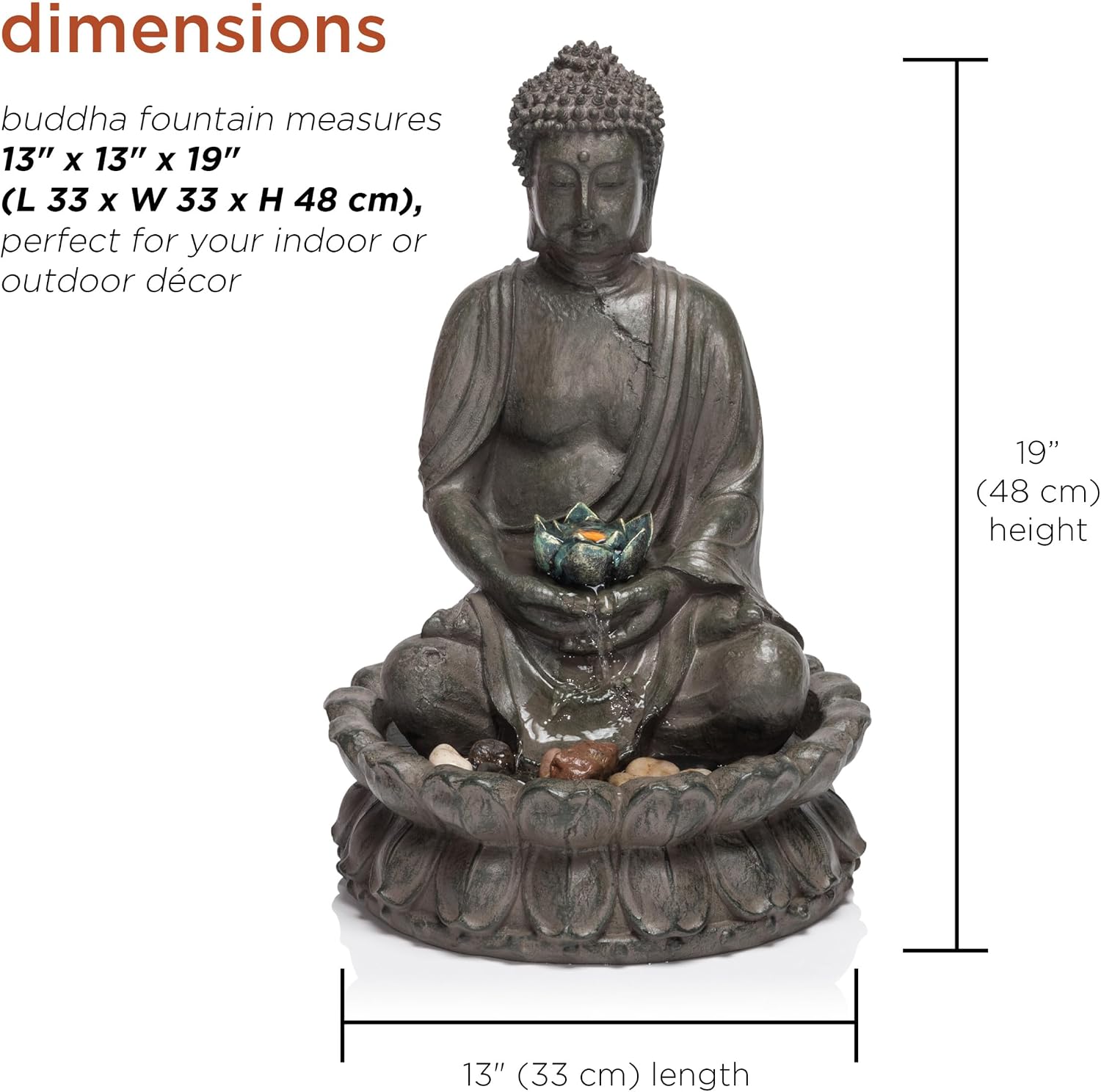 Alpine Corporation GEM178 Indoor Tabletop Meditating Buddha Water Fountain with LED Lights and Lotus Flower, 19", Beige